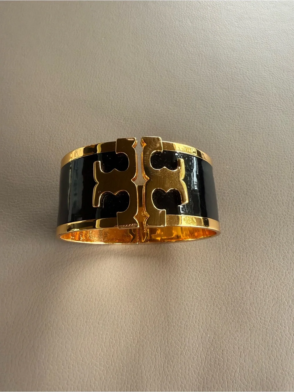 Tory Burch Black and Gold Logo Cuff Bracelet